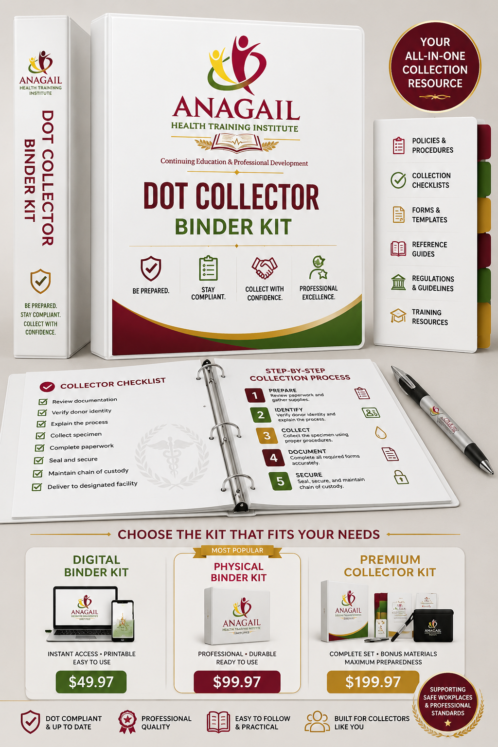 Physical DOT Collector Binder Kit with laminated quick-reference cards and printed training resources
