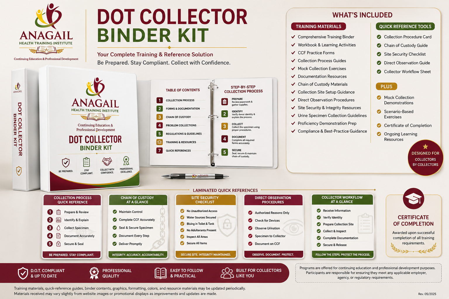 DOT specimen collector binder with workflow guides, CCF references, and laminated quick-reference cards